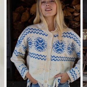 Blue and Cream Patterned Women's Sweater